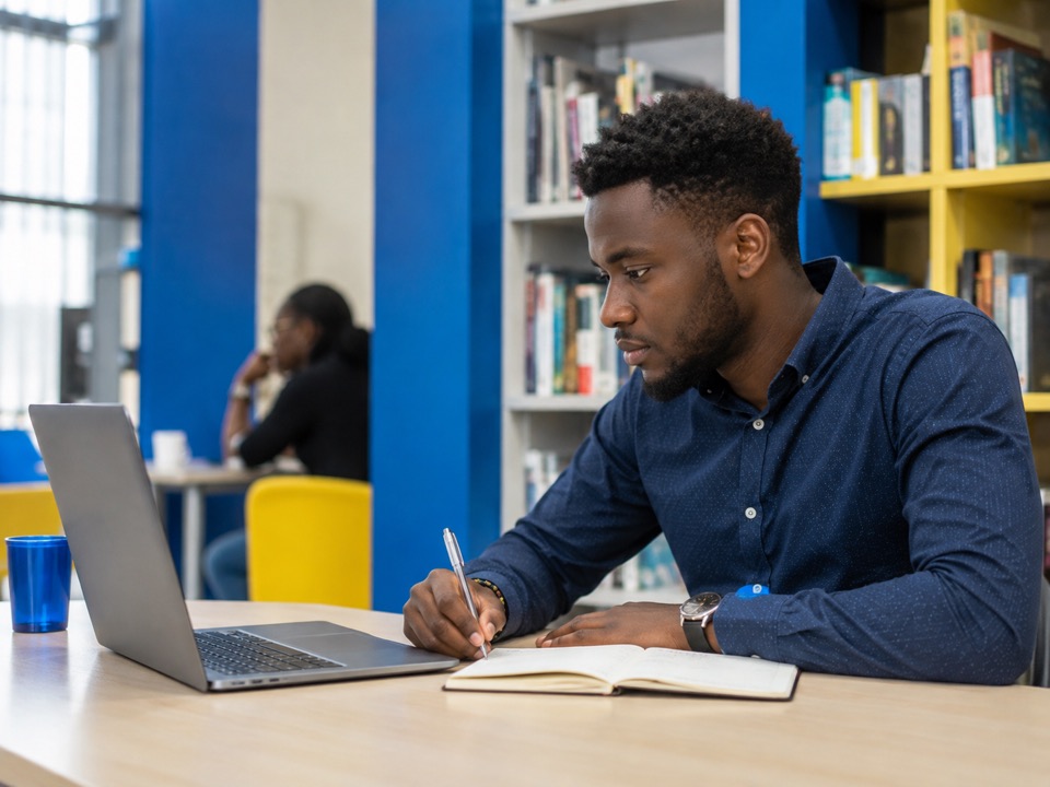 Illustration of a man taking notes beside a laptop in a library.