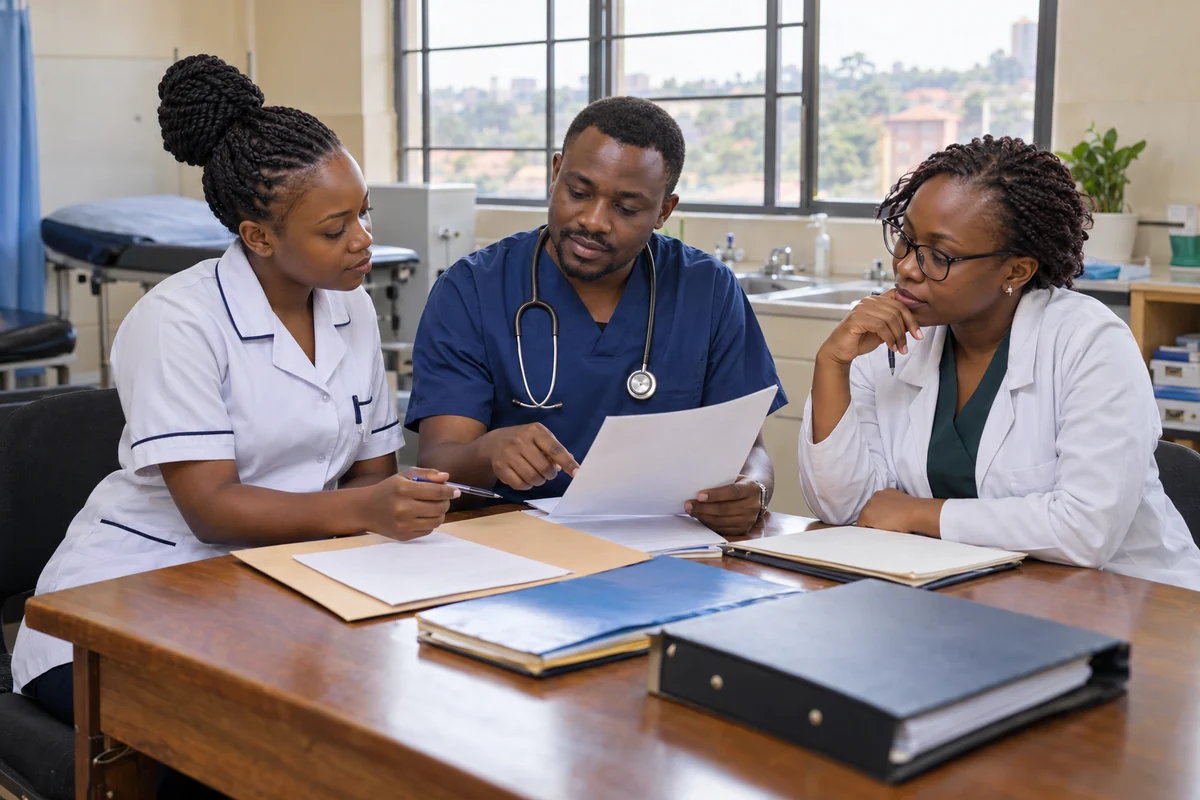 Ugandan allied health professionals reviewing patient records together in a clinic