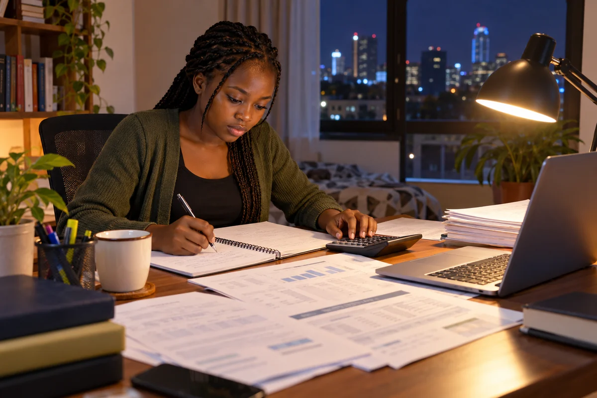 Ugandan accountant reviewing financial statements at an office desk
