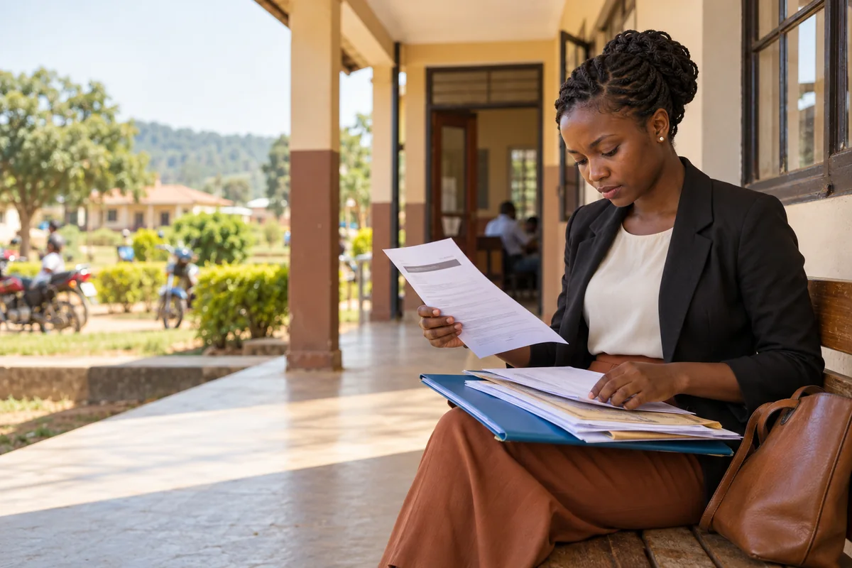 Applicant reading through her application documents outside an office building