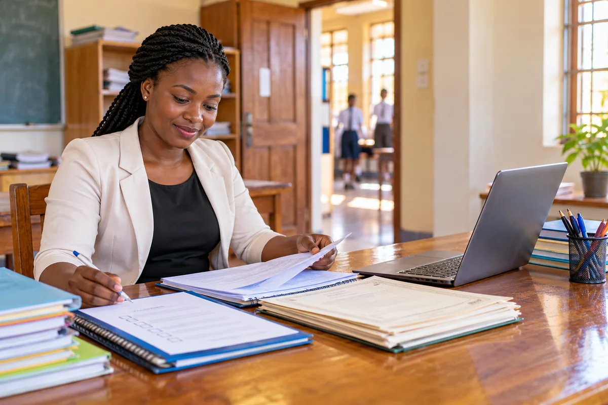 Ugandan teacher preparing an online application in a school staff room