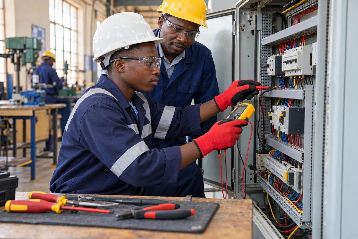 Ugandan electricians testing a distribution board with a multimeter
