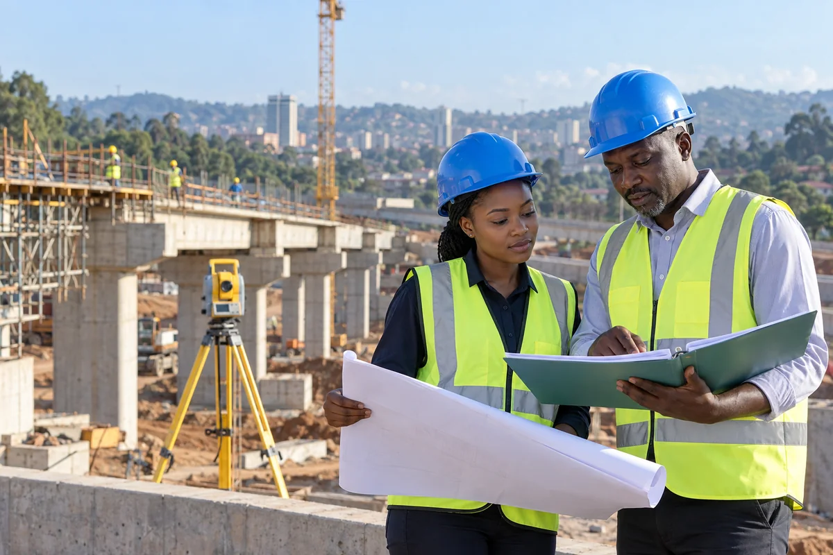 Ugandan civil engineer checking plans on a construction site