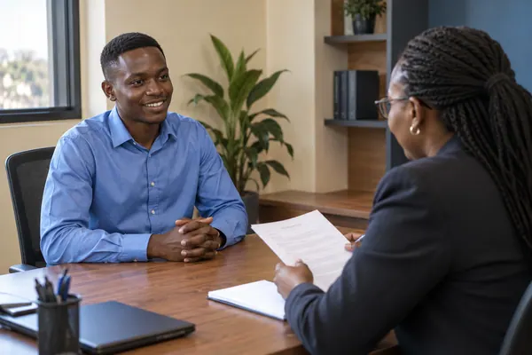A young man answering questions in a job interview