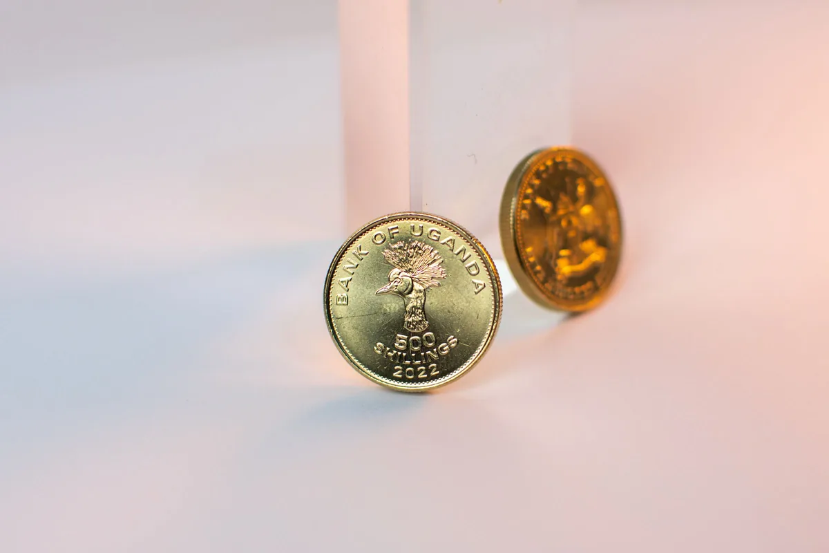 Two Bank of Uganda 500 shilling coins standing on a light surface