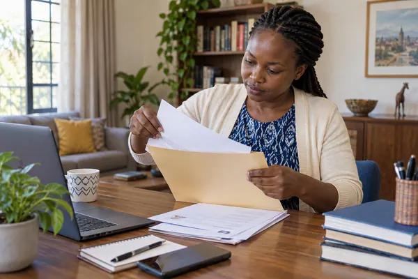 A woman sorting application documents at her desk
