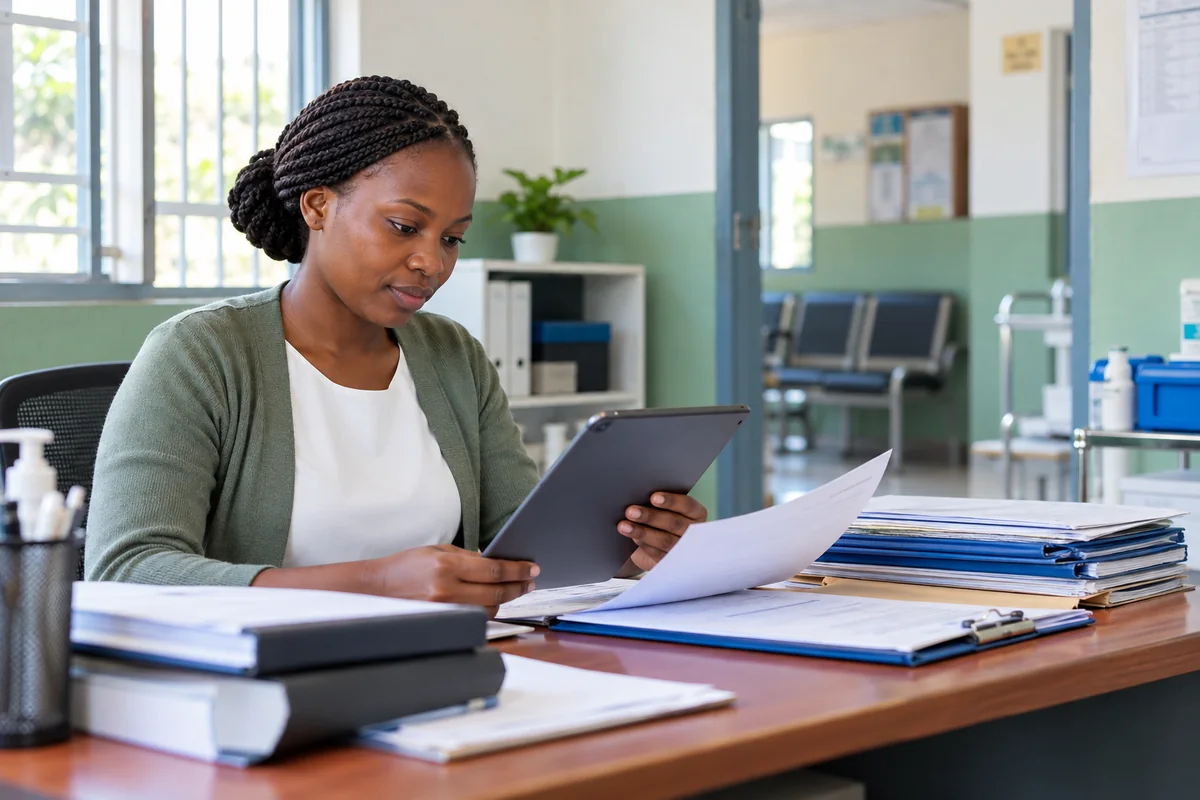 Ugandan health professional uploading application documents at a hospital desk