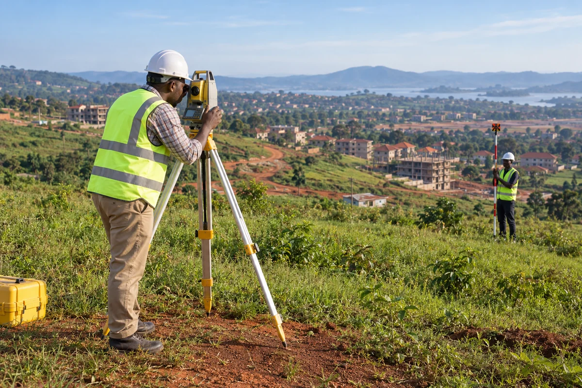 Ugandan land surveyor working with survey equipment in the field