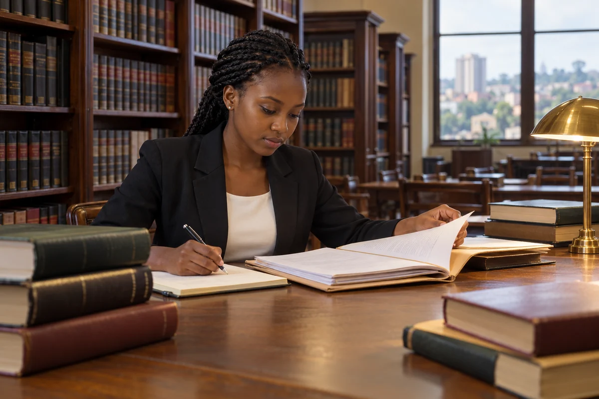 Young Ugandan lawyer reading case files in a law office