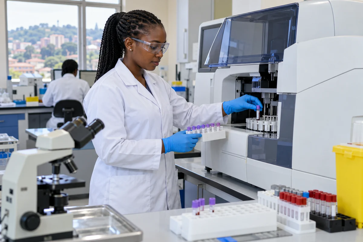 Ugandan laboratory technologist working with samples in a medical lab