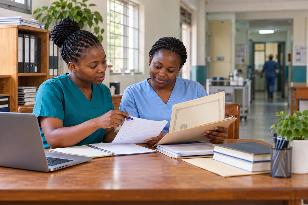 Ugandan nurse completing a professional registration application after a clinical shift