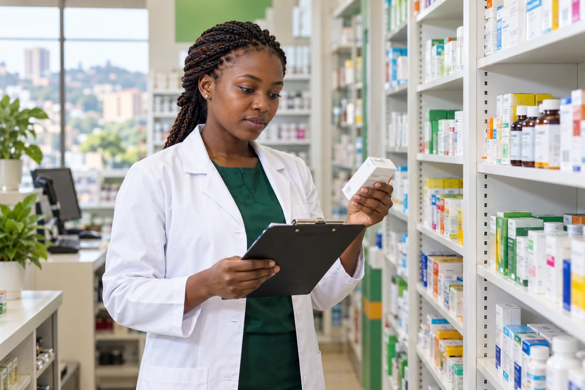 Ugandan pharmacist checking medicines in a pharmacy