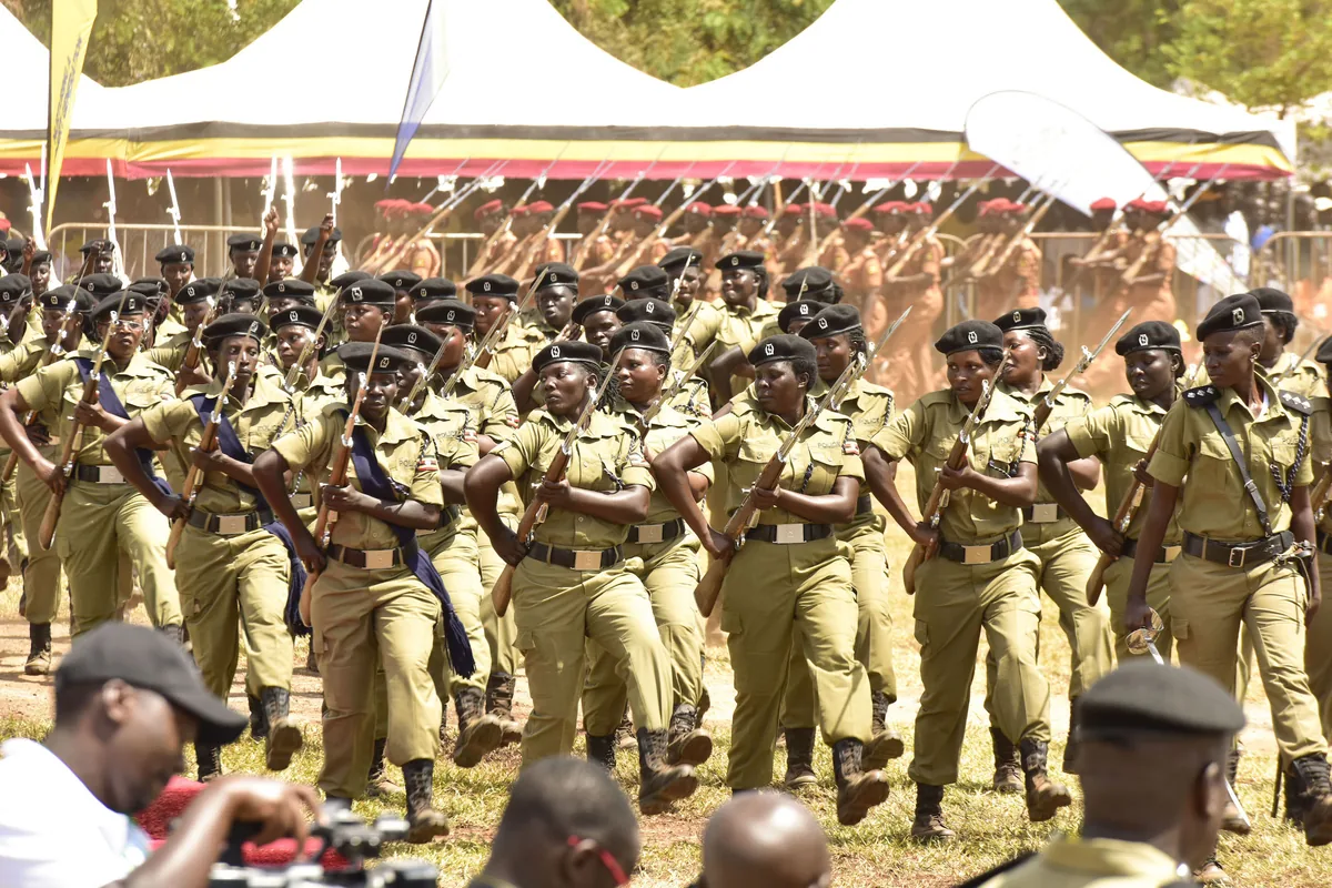 Women officers of the Uganda Police Force marching at a public celebration in Mbale