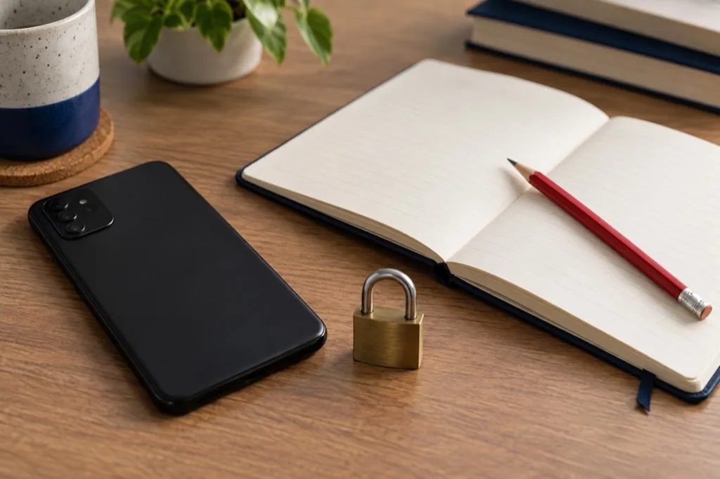 A phone, an open notebook and a small padlock on a desk