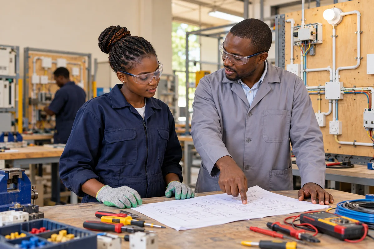 Ugandan trainees learning practical electrical and mechanical skills in a workshop